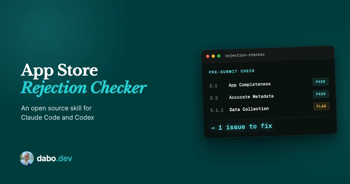 A teal card titled App Store Rejection Checker, with a pre-submit check window listing App Store guideline rows marked pass or flag and a one issue to fix summary