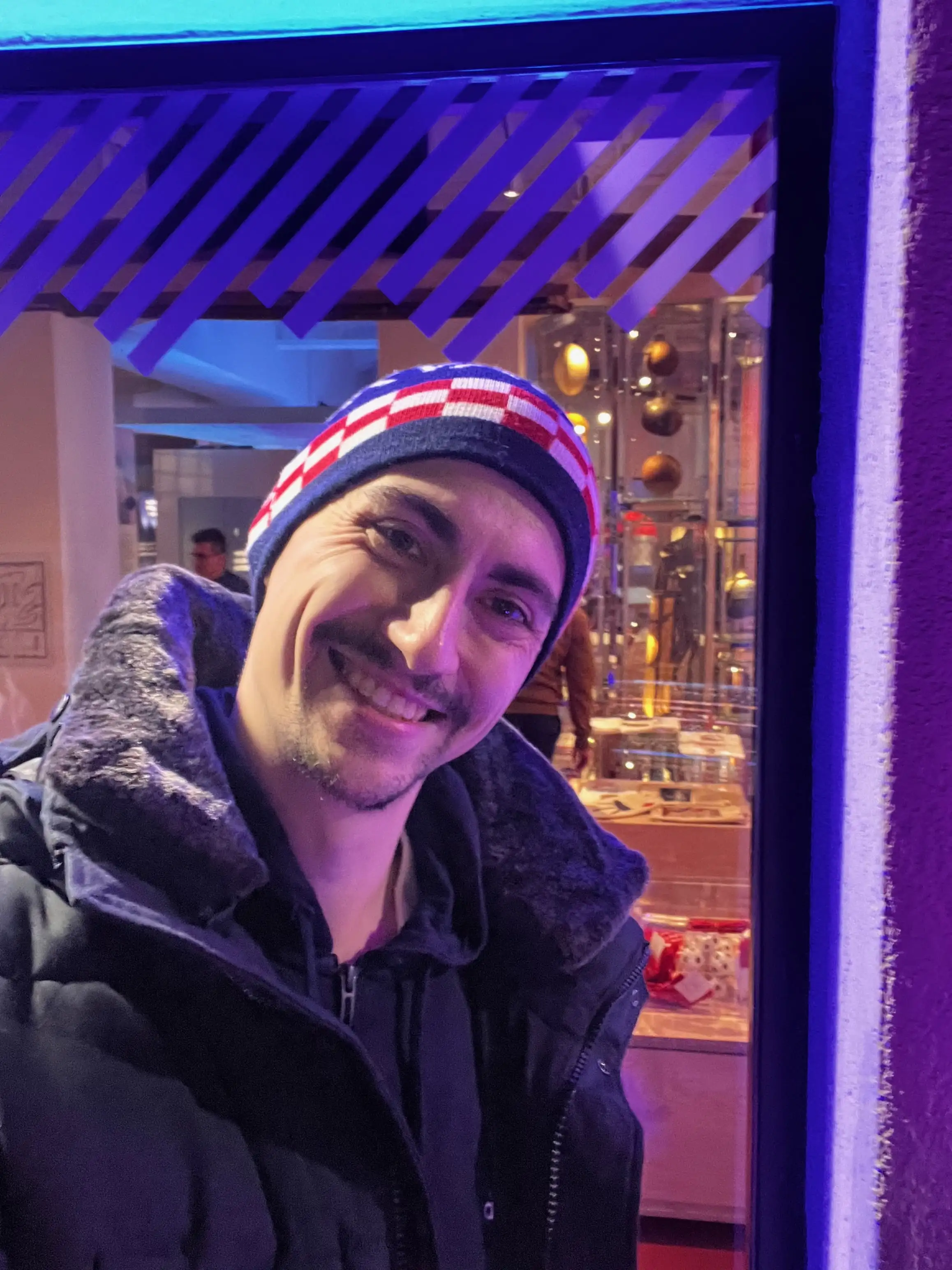 Outside the Croatian Sports Museum during the warm-up set, wearing a Croatian checkerboard beanie