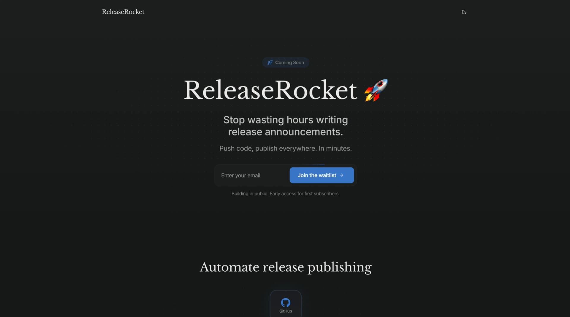 ReleaseRocket landing page — Coming Soon badge, big serif wordmark, join the waitlist form