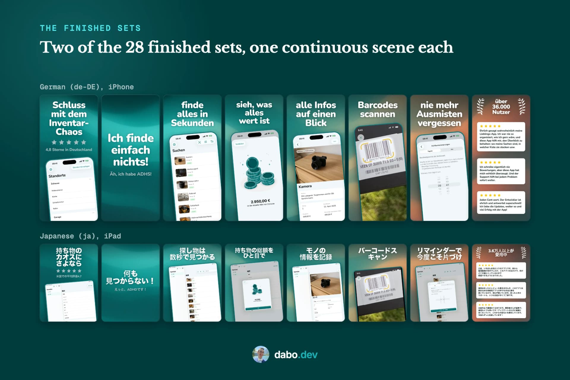Two finished Itemlist screenshot sets side by side: the German iPhone strip and the Japanese iPad strip, eight shots each, sharing one continuous background scene