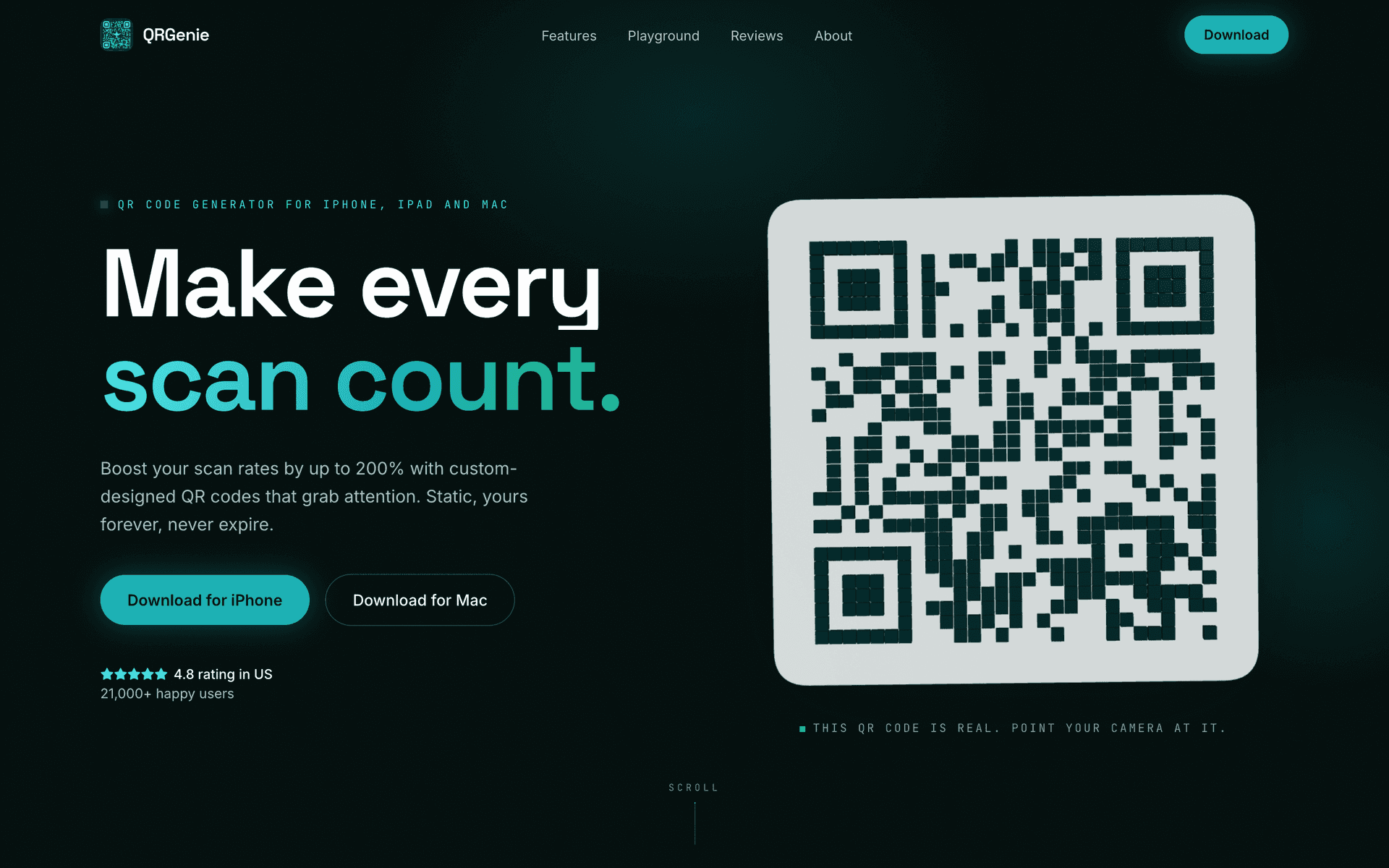 The new QRGenie landing page after an AI website redesign by Fable