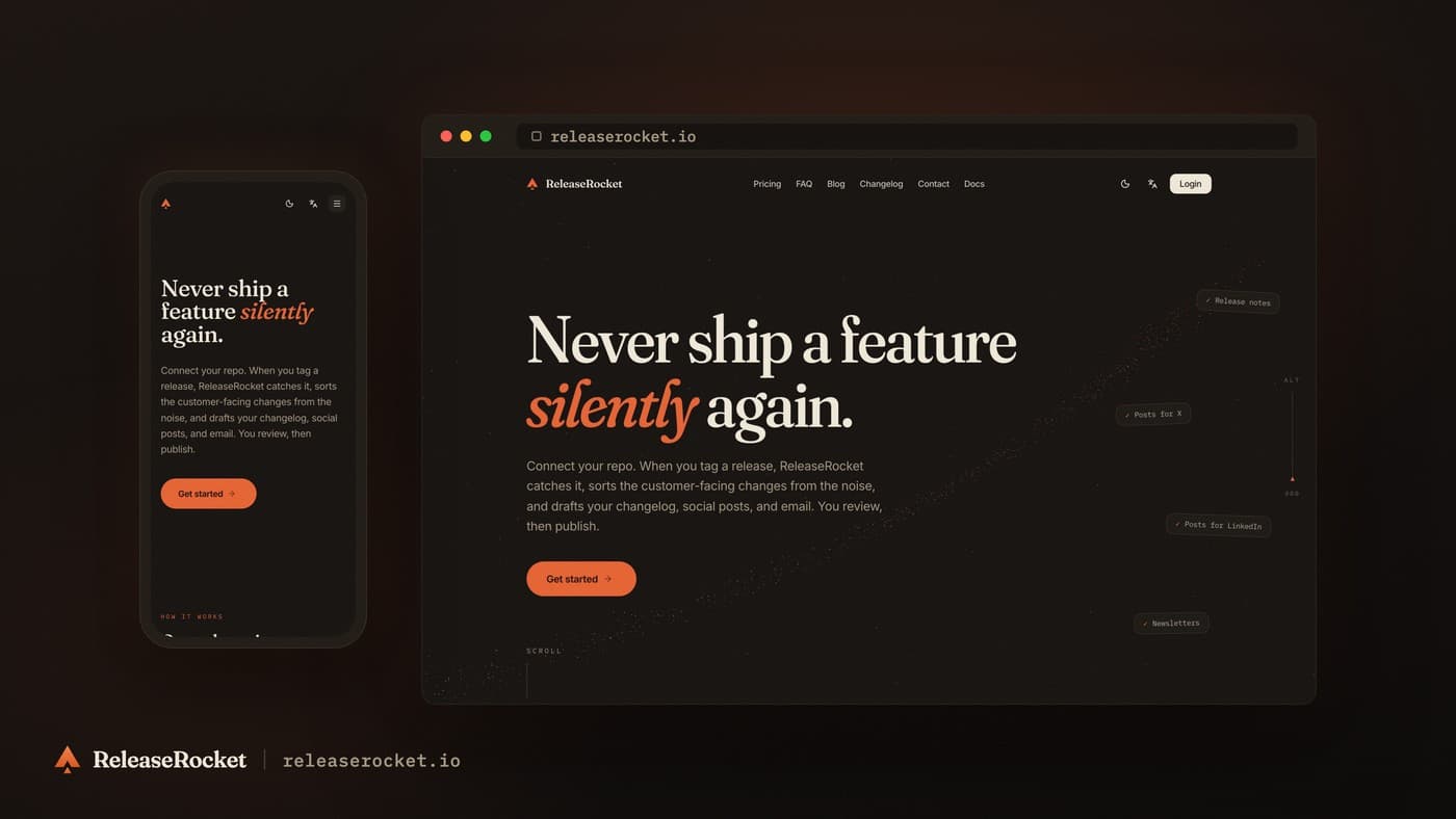 releaserocket.io shown inside a macOS browser window and a phone frame on a warm dark canvas