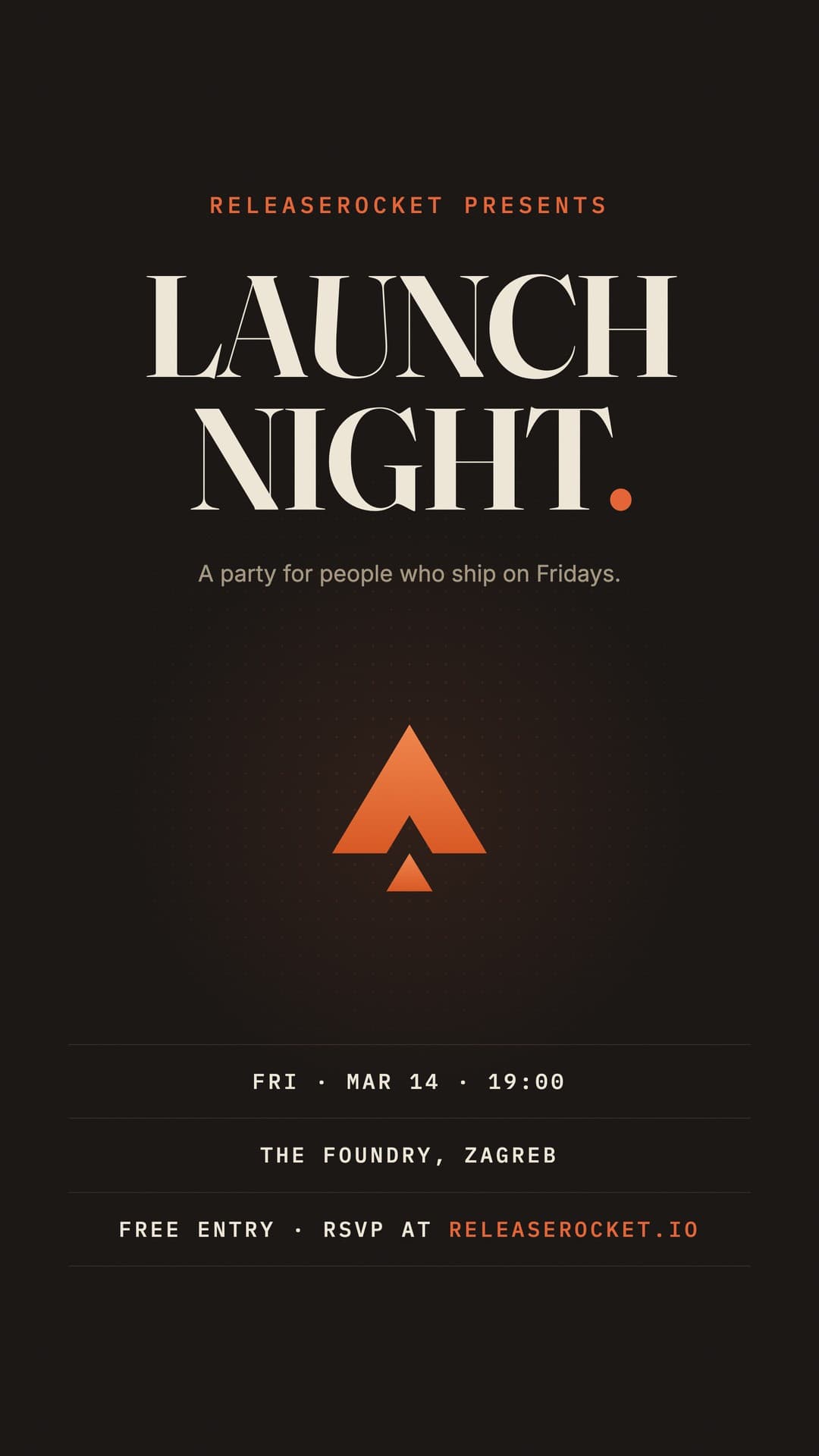 Launch Night event flyer with a large serif headline, ember rocket mark, and date, venue, and RSVP details on a warm dark background